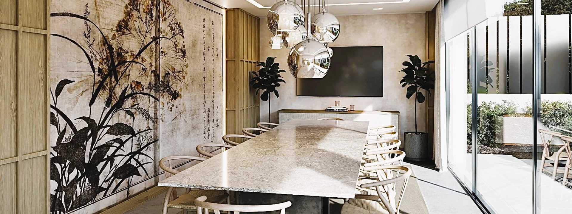 Salón terminado en proyecto residencial en Madrid